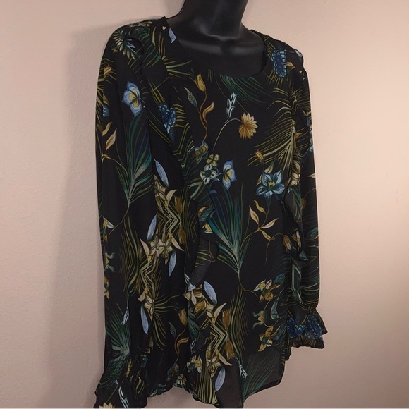 XL COUNTERPARTS BLACK FLORAL TROPICAL PRINT BLOUSE  LONG SLEEVE GREEN - Picture 9 of 13